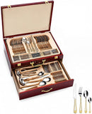 Faqueiro Düsseldorf 84 Peças Aço Inox 18/10 Detalhes Dourados Maleta Luxuosa Completo para 12 Pessoas Talheres Servir Jantar Presente Sofisticado Fino Mesa Luxo