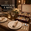 Faqueiro Düsseldorf 84 Peças Aço Inox 18/10 Detalhes Dourados Maleta Luxuosa Completo para 12 Pessoas Talheres Servir Jantar Presente Sofisticado Fino Mesa Luxo