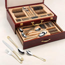 Faqueiro Düsseldorf 84 Peças Aço Inox 18/10 Detalhes Dourados Maleta Luxuosa Completo para 12 Pessoas Talheres Servir Jantar Presente Sofisticado Fino Mesa Luxo
