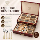 Faqueiro Düsseldorf 84 Peças Aço Inox 18/10 Detalhes Dourados Maleta Luxuosa Completo para 12 Pessoas Talheres Servir Jantar Presente Sofisticado Fino Mesa Luxo