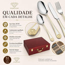 Faqueiro Düsseldorf 84 Peças Aço Inox 18/10 Detalhes Dourados Maleta Luxuosa Completo para 12 Pessoas Talheres Servir Jantar Presente Sofisticado Fino Mesa Luxo